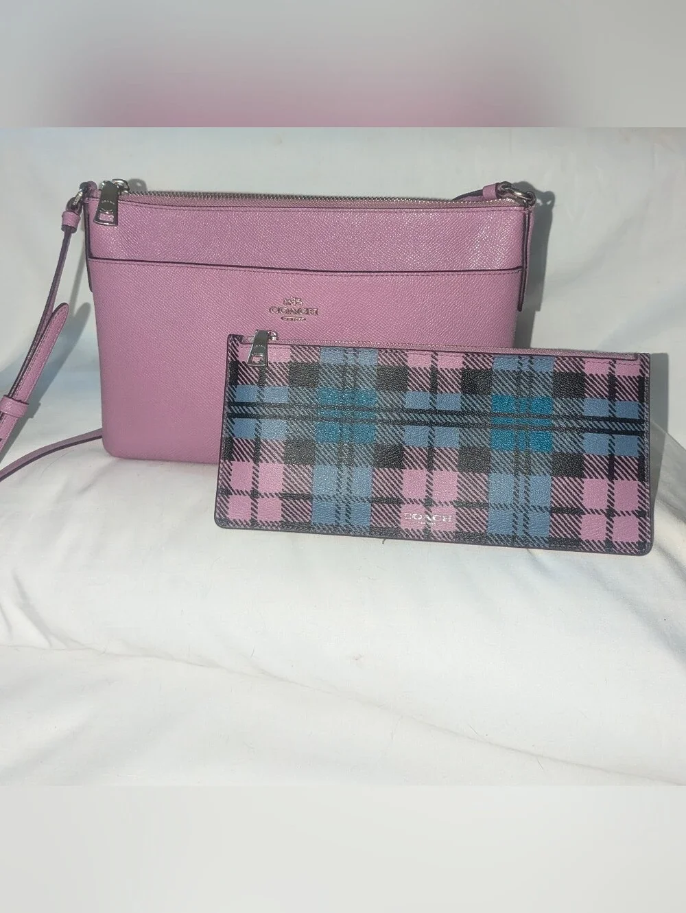 Coach East West Leather Crossbody with Lilic & Blue Plaid Pouch F 22252
